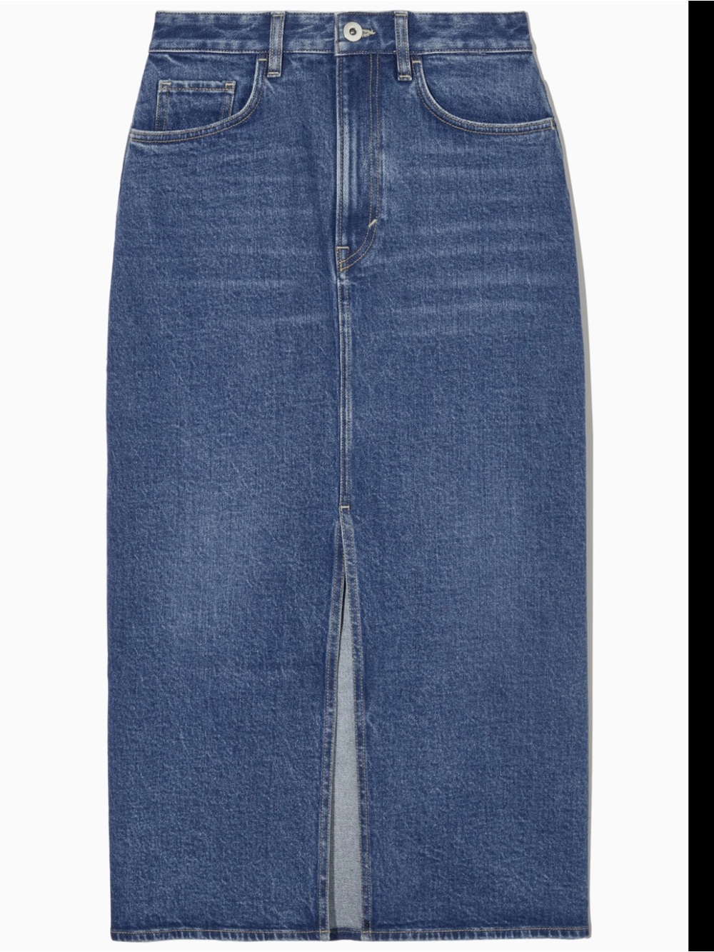 COS High-Rise Blue Denim Midi Skirt with Front Slit